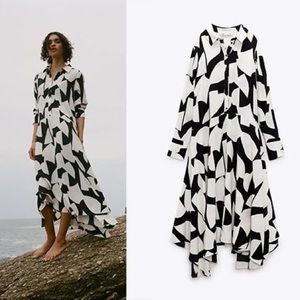 NWT Zara Long Black and White Print Dress, Sz S and XS